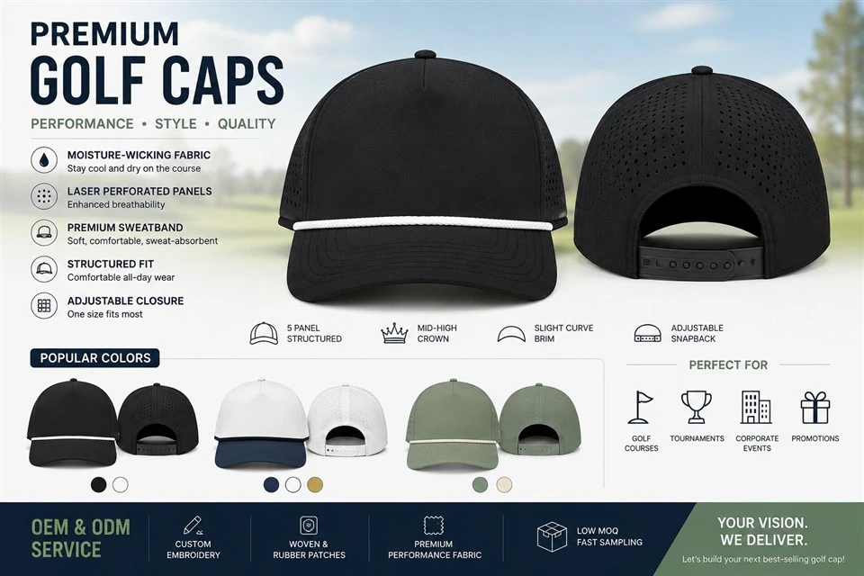 Perfformiad Custom Golf Cap|Het Golff Rhaff|Gwneuthurwr OEM Cap Golff Tyllog Anadladwy